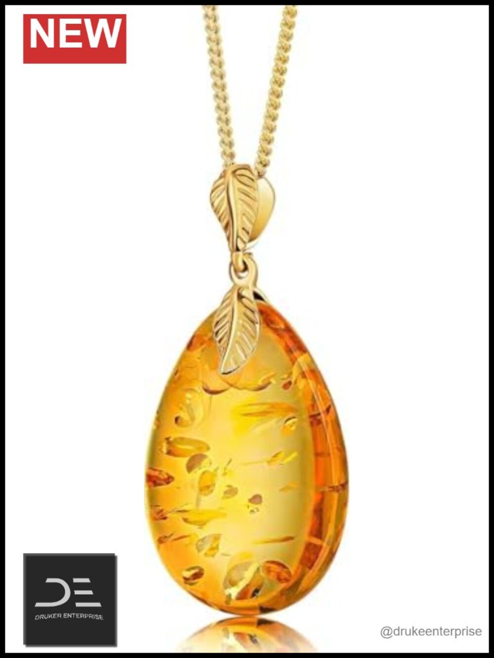 Natural Baltic Amber Pendant 18k Gold Plated 925 Sterling Silver Chain